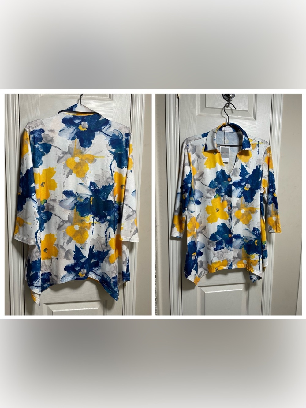 Floral-Print White Button-Down Shirt with Blue & Yellow Blooms